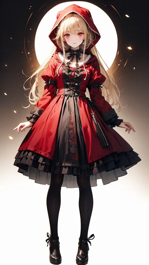 Highest quality, masterpiece,Windblown Hair, Shining Eyes, steampunk style, Light clothing, red clothes, 、Little Red Riding Hood、Hood wearing a hood,  full body standing picture depicting an anatomically correct , Blonde, 