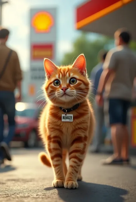 A orange tabby walking at the busy shell petrol station, wear name tag manager, natural light, details, photography