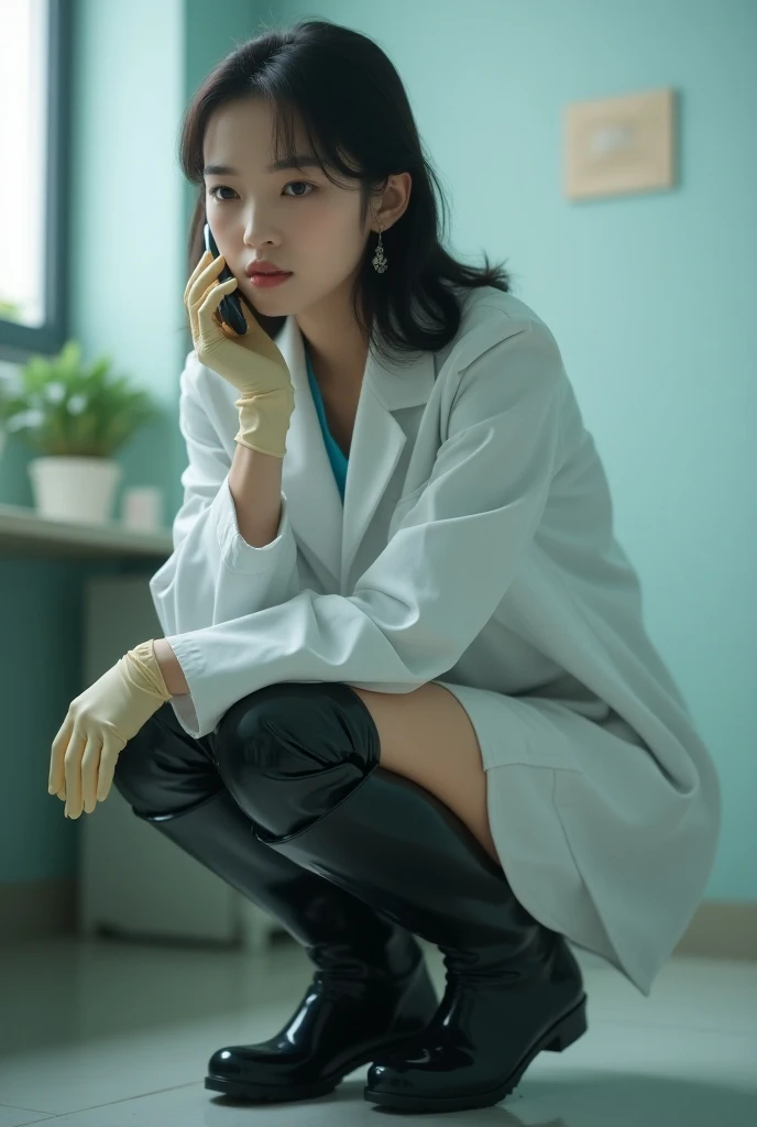 Young and beautiful, Japanese Girl Dentist ,   during a call,   Knee Length Shiny Black Hunter Rain Boots,  Egg Colored Latex Gloves  ,Is peeing, squat, Put
