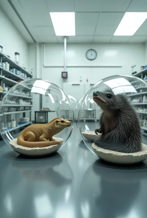 Komodo dragon , anakonda and percupine each are locked in separate round long glass made box in science laboratory 