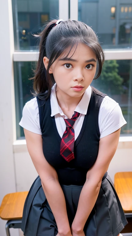 a photo of a young voluptuous woman with long brown hair tied in a ponytail reaching her knees, light brown eyes, light mixed race skin, small round breasts, wearing the private female school uniform consisting of a white blouse and cuffs, a red tie , blac...