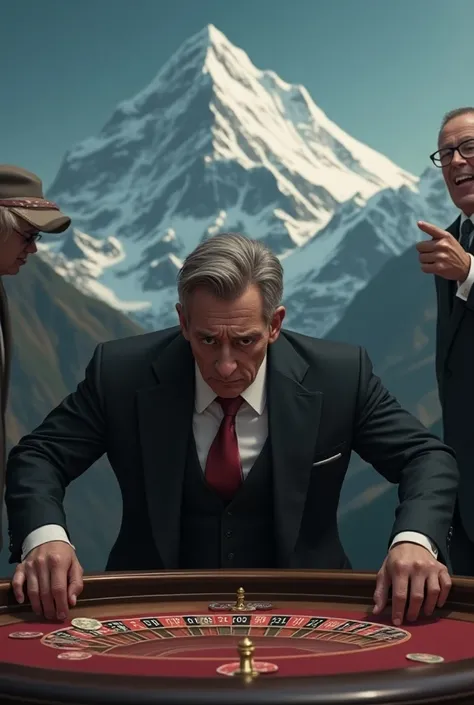 Draw a mountain in a suit and a sad face who lost all his money playing roulette in the casino and a guy who is laughing at him while pointing at him
