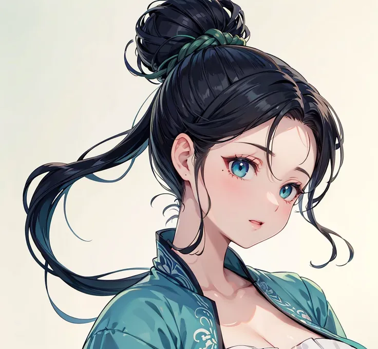 half smile, mixed_artwork style, (detailed eyes), (Mature woman), beautiful woman, big breasts, blonde long hair, hair tied on back, (white dress inside, oriental green dress, murim, cultivator), blue eyes, mole under eye, huge body, white flower on hair, ...