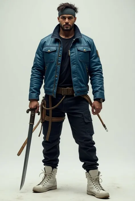 A man wearing a leather jacket dyed bjru and tight black coveralls, white mid shoes and holding a sword and a blue haedband