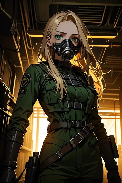 masterpiece, best quality, high quality, solo, (((25 year old woman))), gas mask, long dirty blonde hair, green eyes, small eyes, post apocalyptic setting, looking at camera, creative pose, moody atmosphere, cinematic lighting, dynamic composition