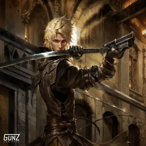  " keep the face and hair of the character "  with sword in hand in front of a building, Waters of Thancred in style of wlop, with big sword, blond elven warrior, Elf blond male ranger , epic digital art illustration, Portrait of Thancred, son of sparda, W...