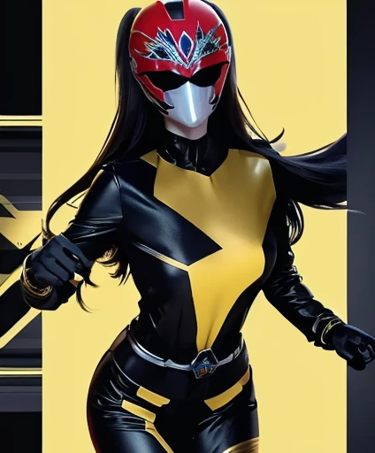 A woman toxic rangers, toxic ranger suit, as she power rangers toxic , full body , helmet mask, long hair, high detailed, realistic, gloves, ultra realistic, ((full face helmet)), black shield sunglasses on eyes, smart black sunglasses 