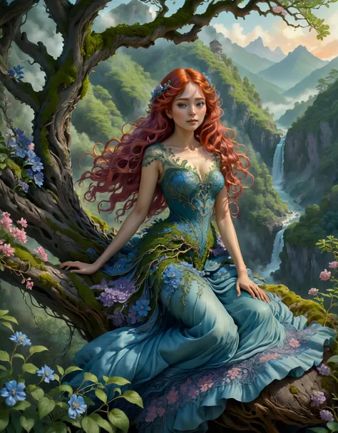 A fantastical digital painting depicts a young woman with vibrant, flowing red hair sitting on an ancient moss-covered tree branch in a serene forest setting. She wears a sleeveless blue gown made of delicate, leaf-like material that drapes elegantly aroun...