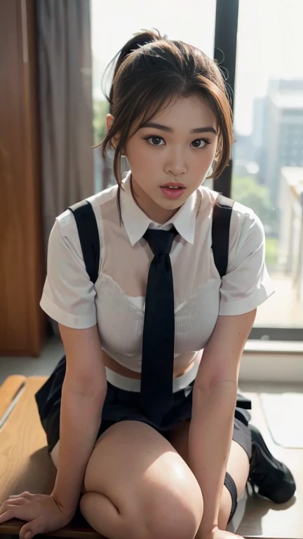 a photo of a young voluptuous woman with long brown hair tied in a ponytail reaching her knees, light brown eyes, light mixed race skin, small round breasts, wearing the private female school uniform consisting of a white blouse and cuffs, a red tie , blac...