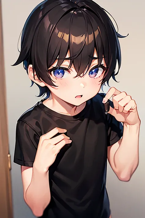 (boy in beige underwear), beautiful eyes, black t-shirt, ((best quality))