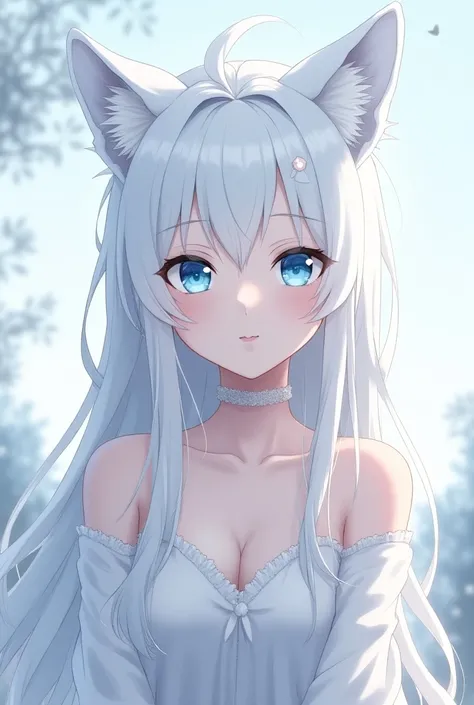 A white-haired female wolf kemonomimi, palid skin and blue eyes. Anime style. 