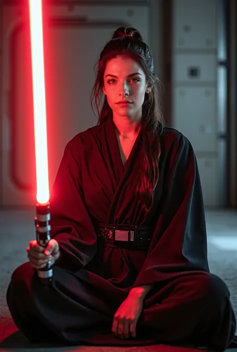 Create a hyper-realistic, highly detailed photograph of a Jedi warrior, shot in the style of photographer Greg Rutkowski.  A young beautiful European-looking girl Spara Paige in her hand.  black hair , ponytail hairstyle. A white lock of hair in front . Dr...