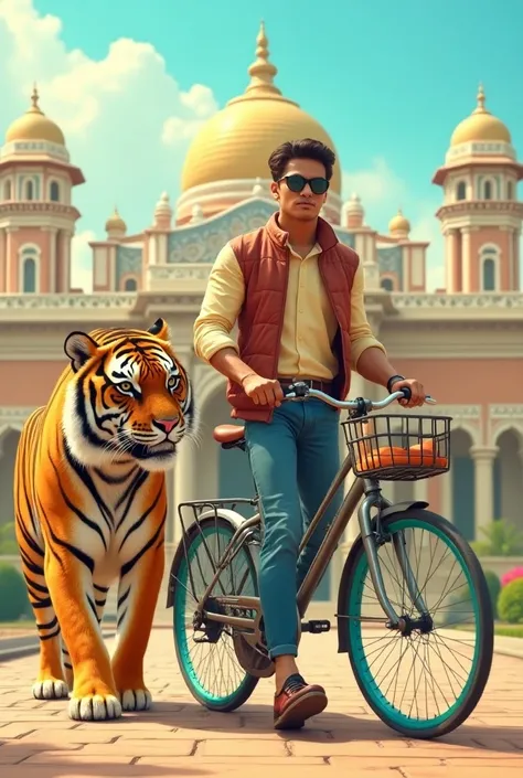 Mysore palace background. A 20 years staylesh 
boy is coming with tiger in front of Mysore palace. Holding a brand new bicycle in his hand 