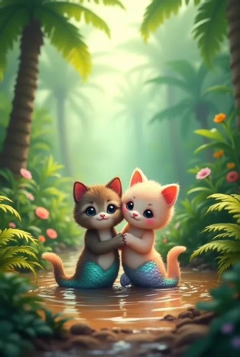 Ek esa pic banao jisme ek  cute two cat half mermaid ping tale body jo mud mein khel rhi ho aur kush background jungle ka ho