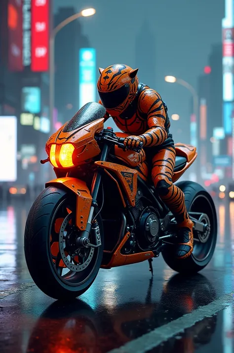 Cyberpunk neon city. A bike is made of tiger body. Tigers face is consider as front bulb protecter. Tigers eye consider as a head light. Chest to back consider and a bike body. Tigers back is consider as a mini single seat. Tigers tail consider as a back b...