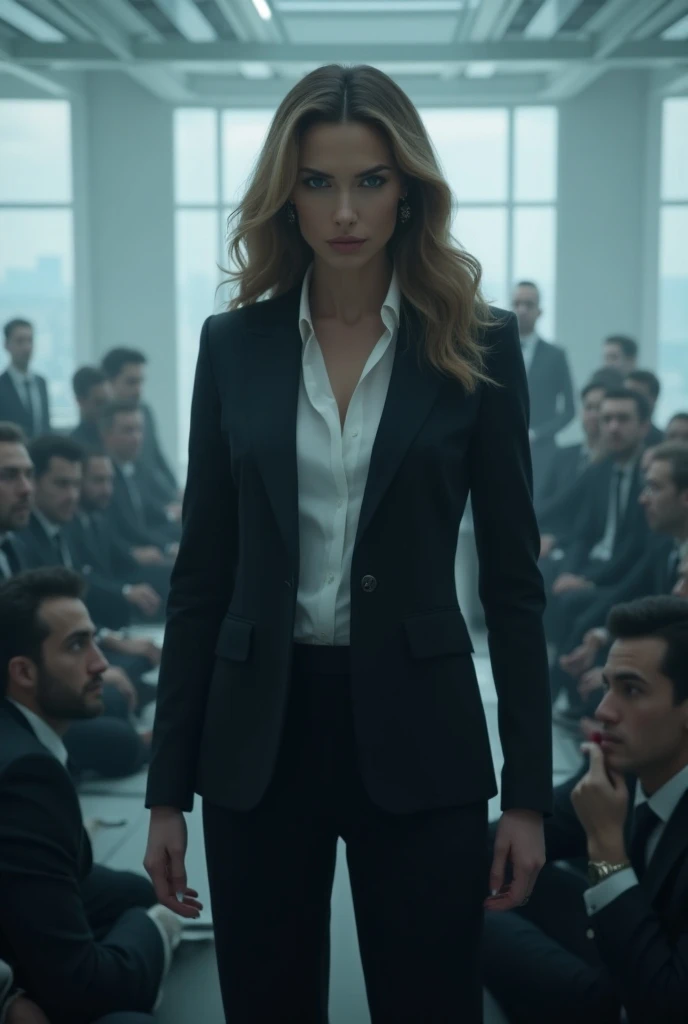 A beautiful CEO with a gorgeous appearance looks coldly down on her incompetent male employees and snorts a laugh.