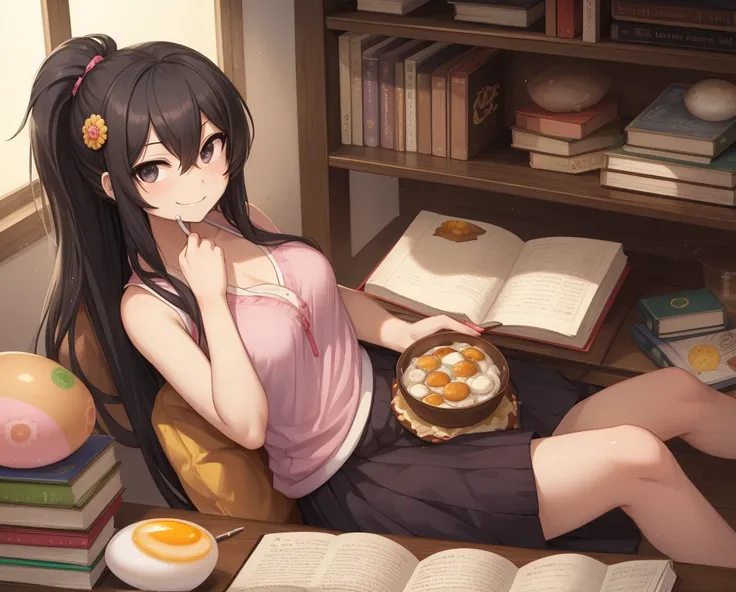 masterpiece, 1girl, medium breasts, solo, araragi karen, hair ornament, egg hair ornament, side ponytail, black hair, food-themed hair ornament, fried egg, looking at viewer, egg (food), long hair, (black eyes:1.1), purple skirt, sleeveless, pink shirt, ho...