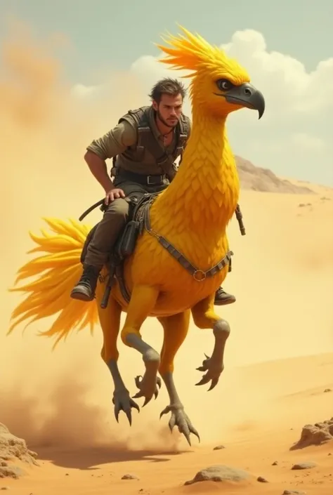 "Ultra realistic of a cute and large, majestic bird-like creature with bright yellow feathers, standing tall like a chocobo. Its body is strong and agile, with long legs built for speed. The bird has a sharp, eagle-like beak and expressive eyes. Its head a...