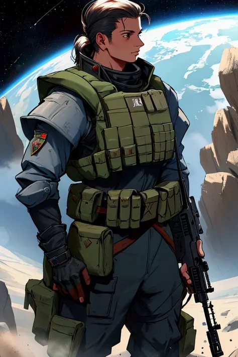 soldier in armored vest and steel gaunlets with assault rifle AK-47, retro-futurism, space opera