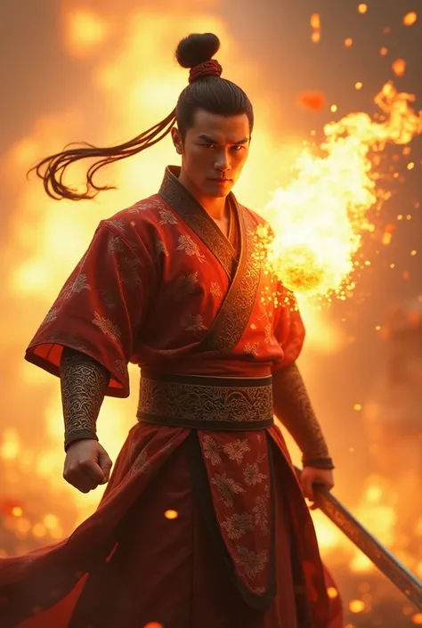 
A Chinese Samurai，Fist out ， Huge fireball hurtling towards the front ， Flames scatter ， Sparks and burning fragments fly in the air ， Divine fury and focus ， dressed in rich traditional clothing ， Belt and arm engraved with exquisite pattern 。 Blurred ba...