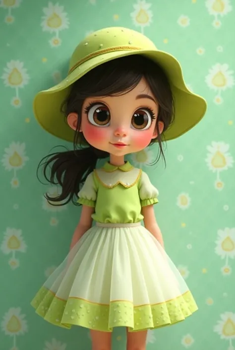 Animation  cartoon  A big-eyed girl wearing a light green - white  Lime   dress and hat. Background  wall  pattern  green - silver Animation cartoon style