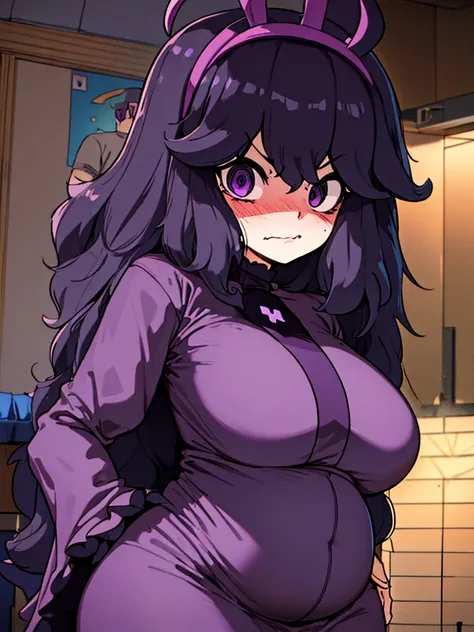 masterpiece,anime screencap,source_anime,highly detailed eyes,highly detailed face,highly detailed girl,simple background,(1 girl focus),(hex maniac:1.5), hairband, messy hair, (purple eyes:1.1), purple hair, purple hairband, @ @,furrowed eyebrows,shiny li...