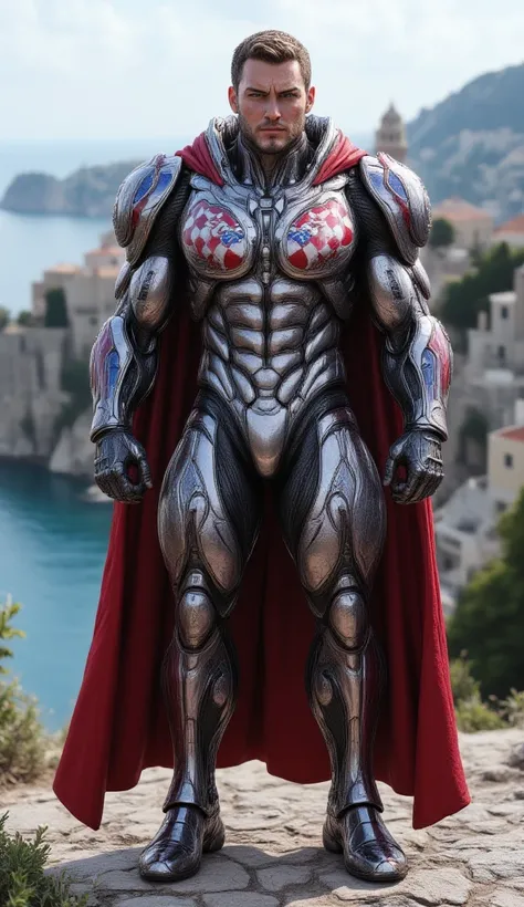 A realistic male superhero inspired by the DC Universe, clad in a sleek, high-tech armor that seamlessly blends modern design with the culture, mythology, and symbols of Croatia. His suit features a bold red, white, and blue color scheme, echoing the Croat...