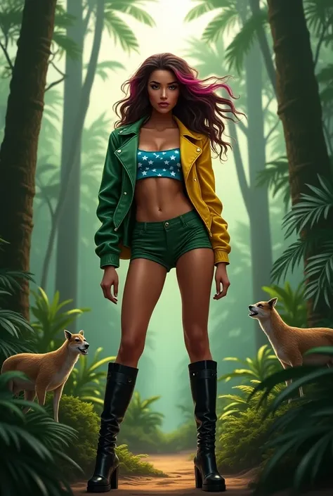 Brazilian woman, Caucasian Latina  . linda. sculptural body.  Brown hair with pink highlights
Wearing a green and yellow leather jacket open around the chest wearing a blue cropped with white stars.  Green shorts of the same color as the jacket and a long ...