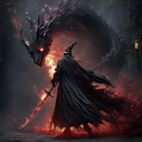  best quality, masterpiece,  super high definition, (Photo:1.4),  surrealist , Dreamy,Fusion Art, Shadow Dancer, Shadow Magic, Controlling Darkness, Bloodborne,Fighting a dragon