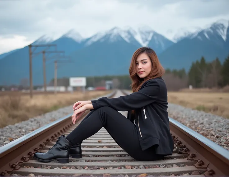 fashion photography, a professional beautiful woman model stands near the railway, mountains in background, masterpiece, 4k