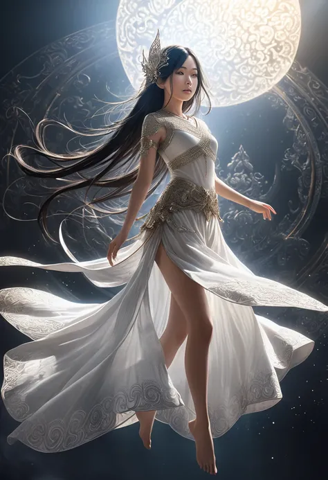 a beautiful dark-haired long-haired fairy without wings wearing a white thai traditional dress with minimal silver jewelry, floating in the sky, full body view, highly detailed, photorealistic, dramatic lighting, glowing, ethereal, serene, mystical, intric...