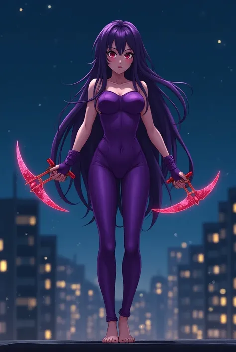 Zatanna , anime, 1 girl, alone,  long purple hair ,  red eyes rubys , (( bright purple one-piece suit ,:1.5)), barefoot, smile, blush, roof of a building Night , standing,  Hands With Fingerless Gloves and with 2 Red Blade Daggers