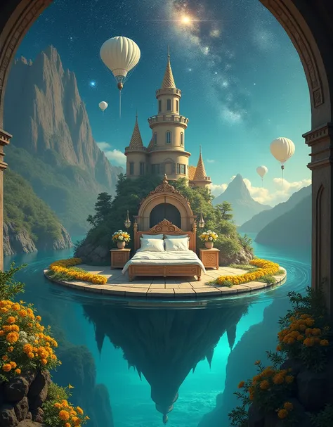 High resolution Gorgeous 8 k wallpaper flashing transparency, Renaissance-style mansion bedroom with castle in the woods floating on an island in the sky , A fantastic and mysterious view of the underground water/ocean, bed unmanned, sky is galaxy,yellow-w...