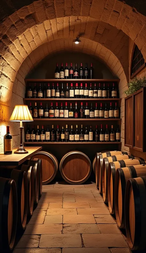 Gourment Collection, a beautiful Italian wine cellar, a beautifully stylized wine cellar, walls with shelves of aging wine, wine barrels, old world charm, delicate light from lamp, photorealistic, 8k, high quality