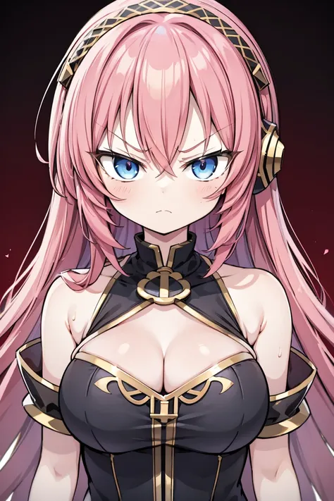 megurine luka, megurine luka in official costume, extremely angry face, 1girl, pink hair, medium breast, angry, angry face, show...