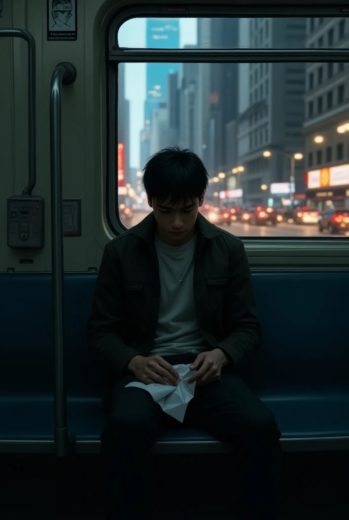 A depressed young man sitting on a train in New York