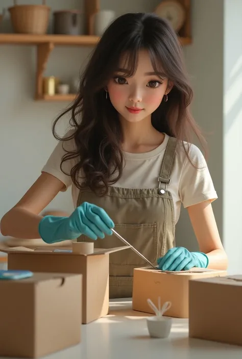 White Thai woman with long, curly, dark brown hair. An oval face with a slightly rounded chin. Wearing a dress with overalls and an apron, wearing rubber gloves, she was organizing things. Around her were boxes of household items placed neatly. The backgro...