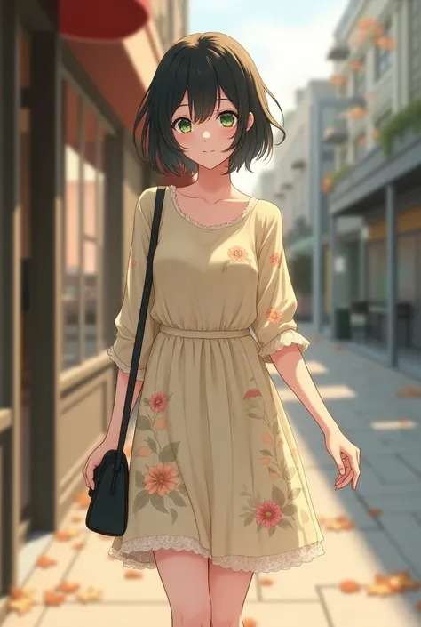 (fanart, anime) 24 year old woman, green eyes, short black hair. Going to buy something to eat, Wearing an autumnal dress.