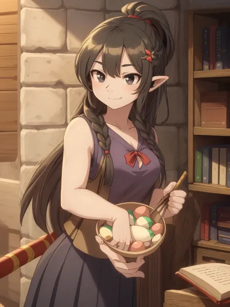 masterpiece, 1girl, medium breasts, solo, araragi karen, hair ornament, egg hair ornament, side ponytail, black hair, food-themed hair ornament,looking at viewer, long hair, (black eyes:1.1), purple skirt, sleeveless, pink shirt, homework, books, holding p...