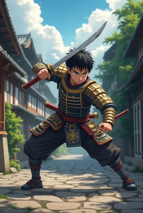 Make an anime boy with realistic japanese town make him more like a warrior make an enemy fighting him