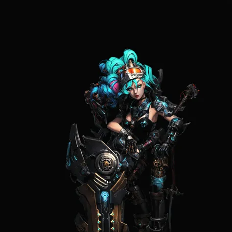 there is a woman with a green wig and a blue wig holding a sword, hatsune miku in warhammer 40k, holy cyborg necromancer girl, vi from arcane, portrait of jinx from arcane, arcane jinx, portrait of a cyborg queen, mechanized valkyrie girl, painted in high ...