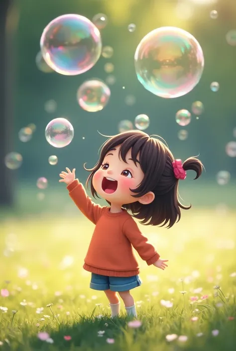 In black and white image、Cute chibi cartoon girl is playing with soap bubbles in the park and smiling,  soap bubbles are lots of transparent, space-colored, colorful, and the 々 colors have a very smooth gradation, Image from above, Pay attention to soap bu...