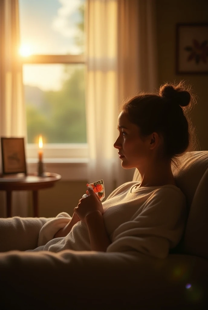 A mesmerizing close-up portrait of a gorgeous little bird illuminated by the soft, golden light of a tranquil morning, with vibrant bokeh balls gently framing its delicate form.A very realistic and emotionally powerful scene of a woman, aged 30, sitting al...