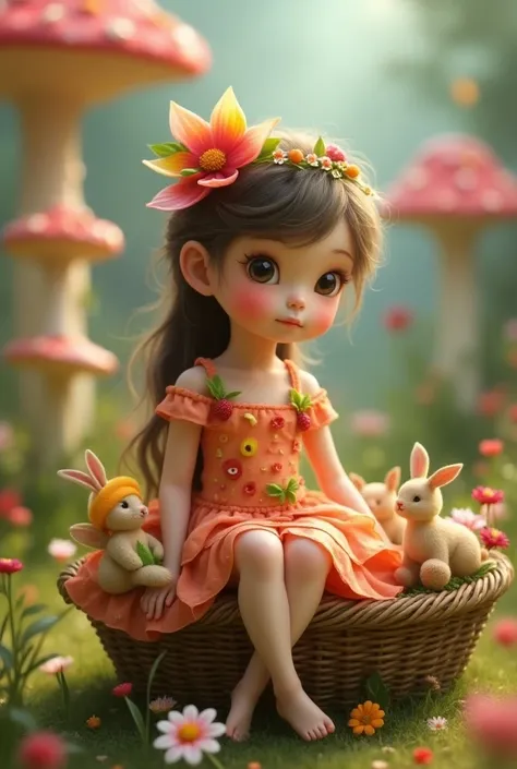 Make a small beautiful girl sitting in fairy land wearing fruit make clothes and in hand basket around in the girl cuttest and smallest animal and birds