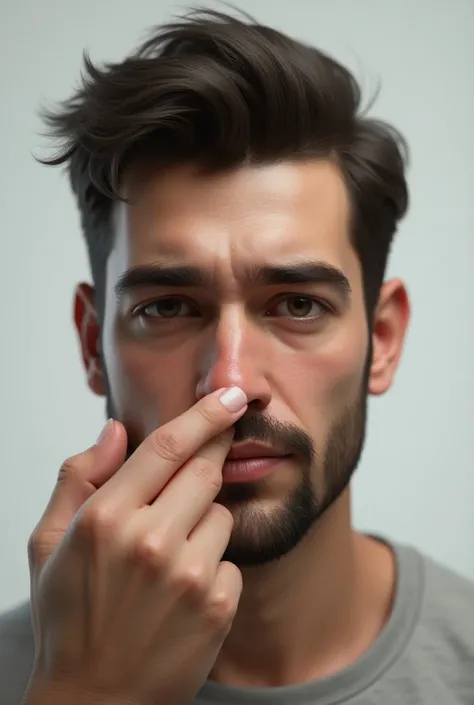 Create an image of hd and 3d like a man closing his nose breath with his fingers from front