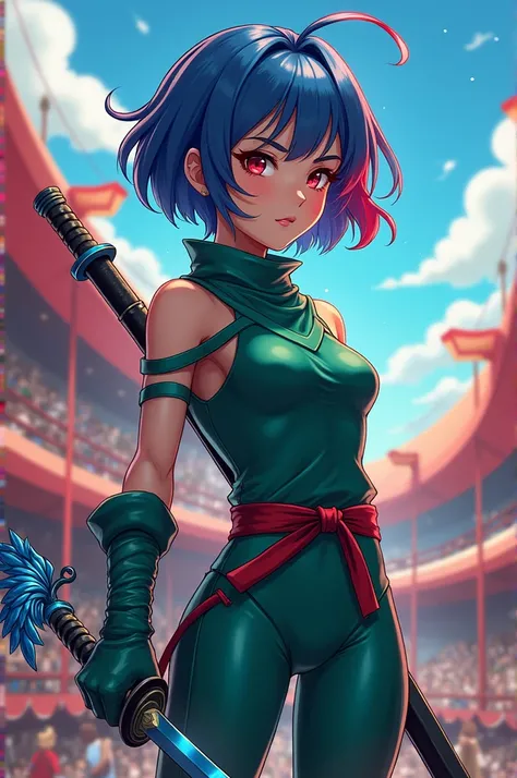  short hair ,   Anatomically correct,   The best quality  , Women,   Blue and Red hair ,  mouth shut,  center of a circus , illustration, anime style,  animated,  Whole body, Princesa Peach, ninja, ropa ninja Verde, ninja mask, leotard ninja,  Katana with ...