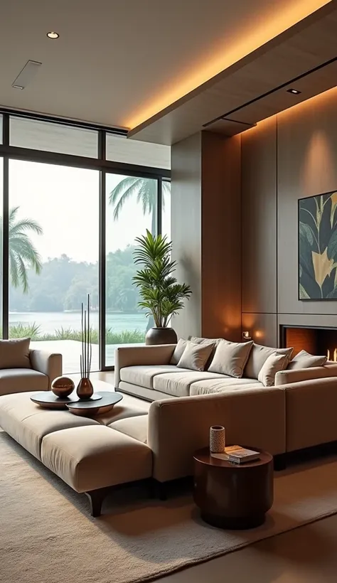 Design an image of the spacious living room in a modern luxury house. The room should feature large glass windows that offer panoramic views of the tropical landscape outside. Include a sleek, contemporary sofa and armchairs arranged around a minimalist co...