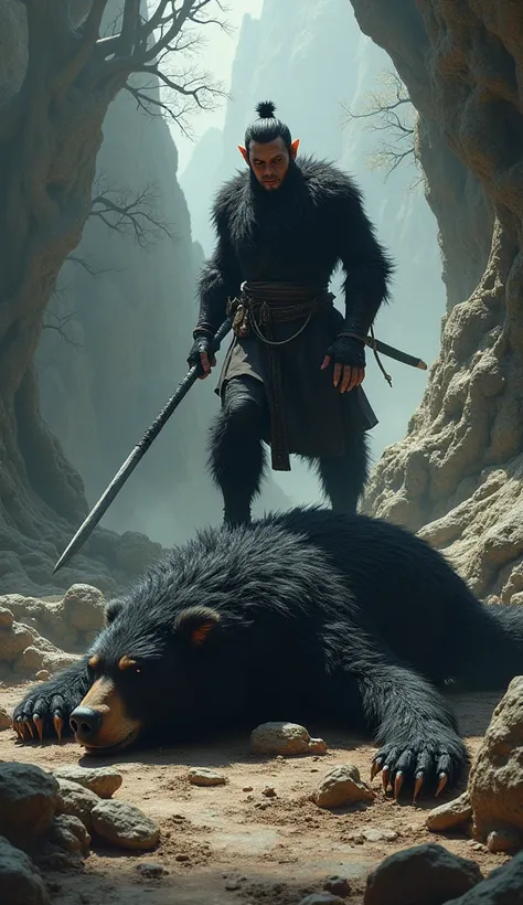 A dead black bear guai lying on the ground and a prehistoric black myth : wukong is stan ding with one foot on top of the black myth : wukong .black myth : wukong face was injured.
