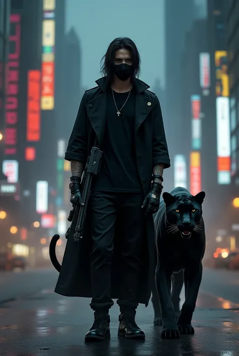 CYBERPUNK grand city background. A man wearing black colour t-shirt, black colour pant, black colour shoes, and black colour stomach Level jacket. Eye level lengthy crop hairstyle. He wear cosplay black resin masquerade, half black gloves and 3 prices punk...