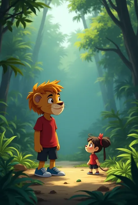 A cartoon lion character with a round face and large expressive eyes, wearing a red t-shirt, black shorts, and blue sneakers. 
 A dramatic standoff in the jungle.
 Sheru(lion) with a brave expression, facing the girl who is now fully transformed.
Sheru(lio...